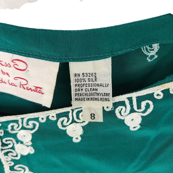 Miss D By Oscar de la Renta Emerald Silk Blouse White Embroidery Vintage 8 - Picture 4 of 12